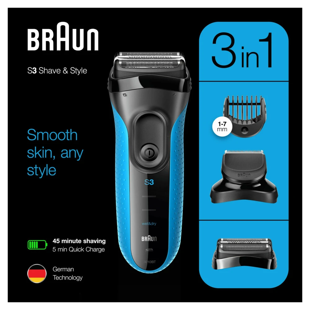 Braun Elektrisch Scheerapparaat Series 3 3010BT Zwart / Blauw
