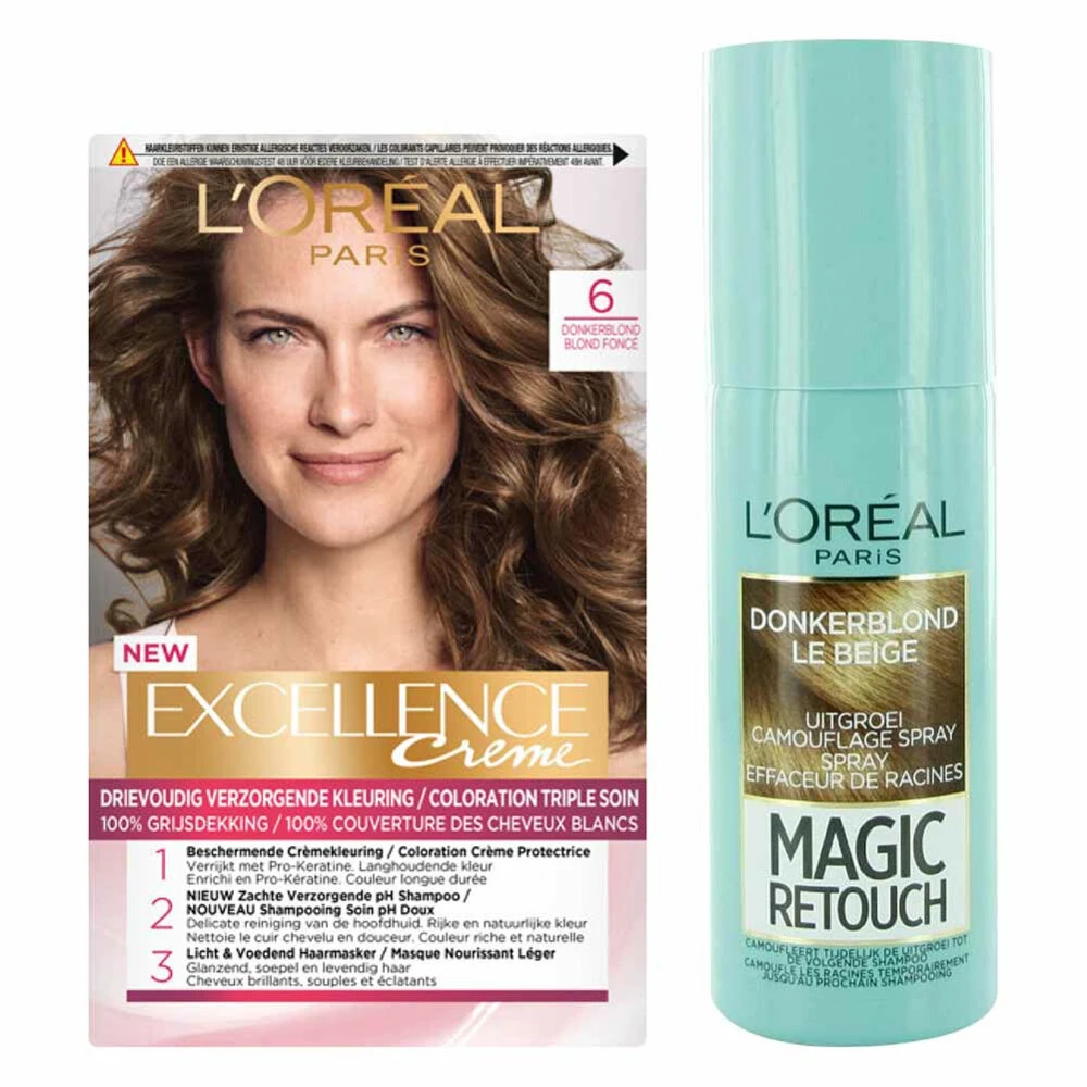 L'Oreal Lu0027Oréal Excellence Creme 6 Donker Blond + Magic Retouch Uitgroeispray Donkerblond 75 Ml Pakket
