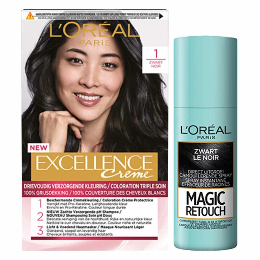 L'Oreal Lu0027Oréal Excellence Creme 1 Zwart + Magic Retouch Uitgroeispray Zwart 75 Ml Pakket