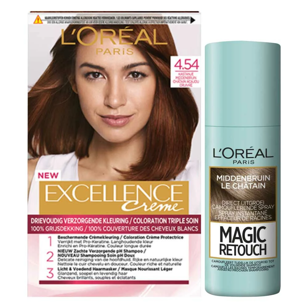 L'Oreal Lu0027Oréal Excellence Creme Haarverf 4.54 Kastanje Middenbruin + Magic Retouch Uitgroeispray Middenbruin 75 Ml Pakket